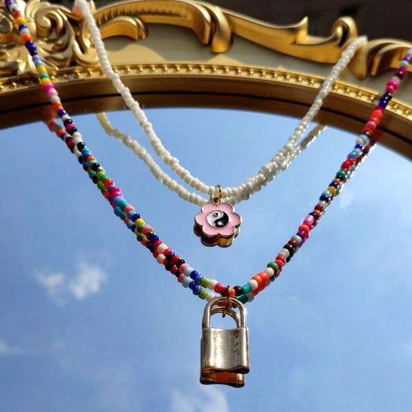 

pendant necklaces fashion tai chi gold lock colorful beaded necklace multilayer for women 2021 statement gothic jewelry gifts, Silver