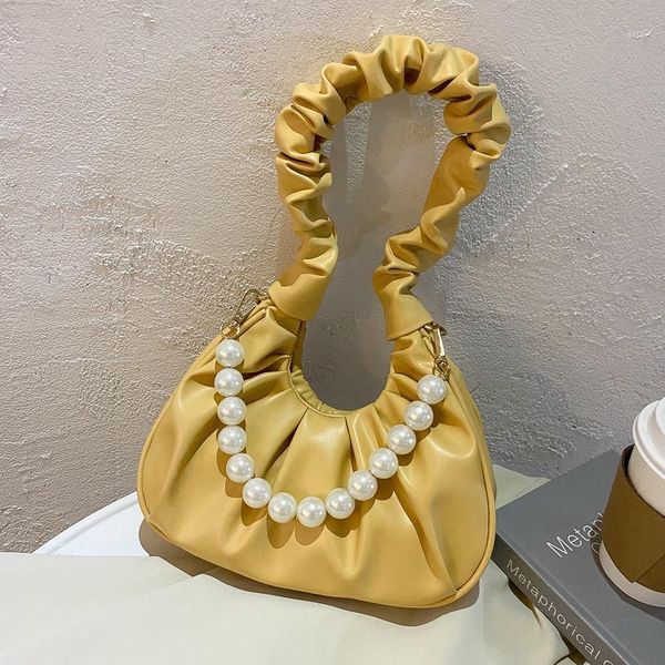 

evening bags elegant design women simple underarm bag solid color pu leather ladies pearl chain handbags female pleated strap shoulder1