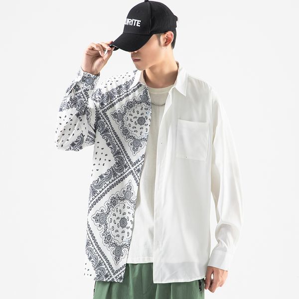 

2021 brand spring autumn long sleeves new patchwork white collar korea style shirt for men's clothing m2vr, White;black