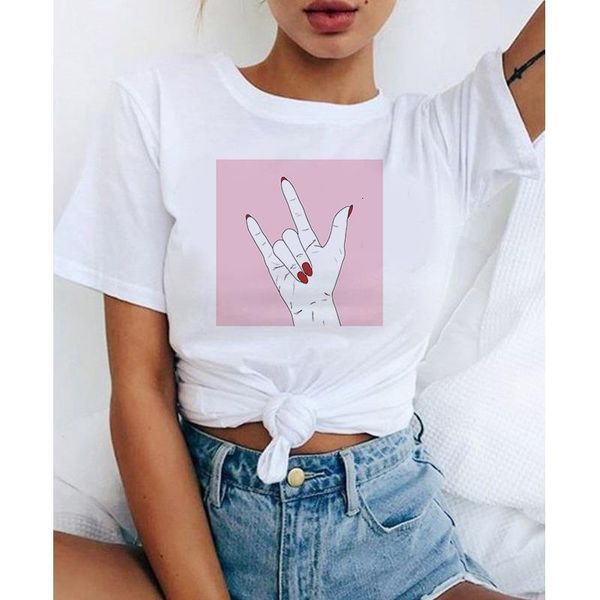 

casual harajuku hands and rose printed tees summer female t-shirt short sleeve t shirt for women clothing, White