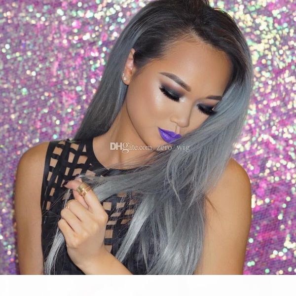 

straight ombre color wig 1b grey full lace human hair wig 130% density with dark black roots 100% brazilian virgin human hair, Black;brown