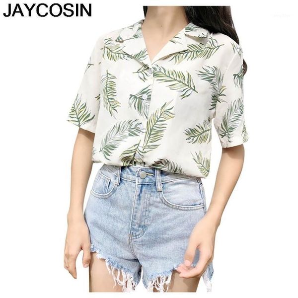 

summer women shirt casual white lapel leaf printing v-neck short sleeve loose blouse blusa je26 women's blouses & shirts