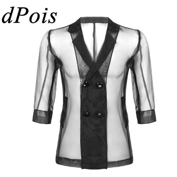 

men fashion see through sheer shirt 3/4 sleeves lapel collar loose style semi-transparent shirts coat homme clubwear, White;black
