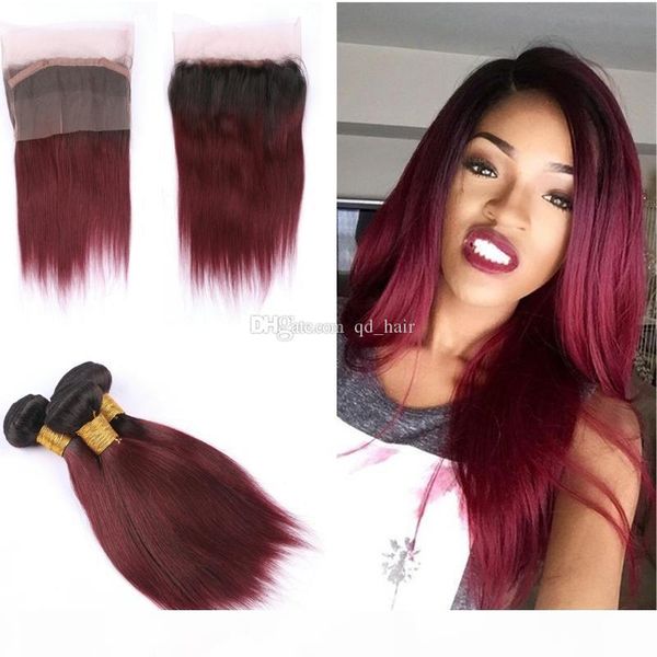 

ombre pre plucked 360 frontal with 1b 99j straight hair bundles dark roots 1b 99j straight hair with 360 frontal, Black;brown