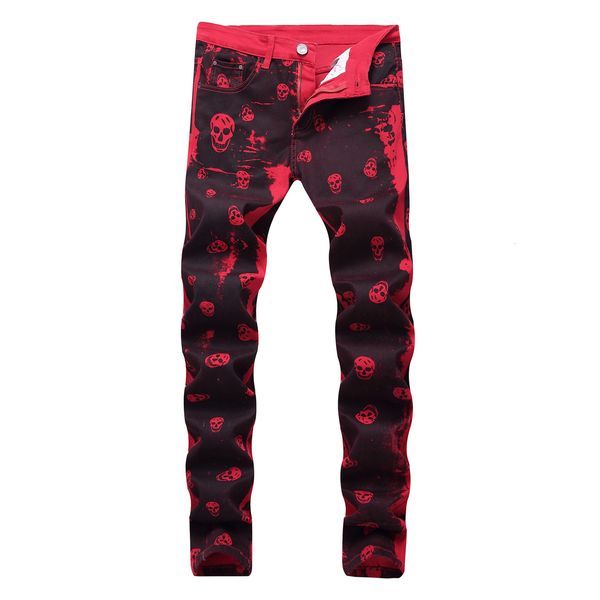 

2021 arrival new standard selling fashion overall chess length thin male jeans printed red cotton light elastic style qhla, Blue