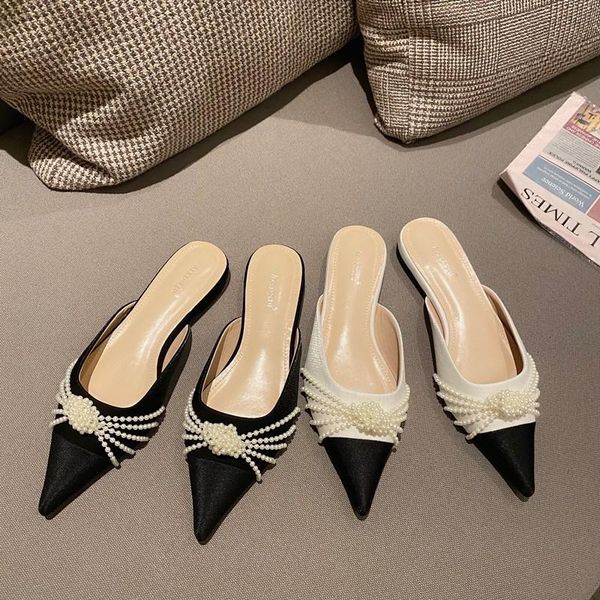 

slippers female women shoes flats woman sandals slides ladies mules pearl fashion lady outside for, Black