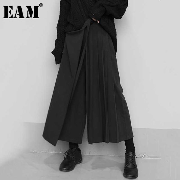 

[eam] high elastic waist black pleated split wide leg trousers loose fit pant fashion spring autumn 1n666 210706, Black;white