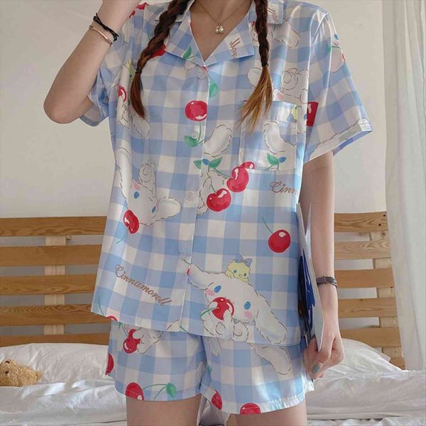 

pajama set ins cute womens sleepwears cherry lattice dog cartoon girl pajamas summer cardigan lapel short sleeved shorts home service, Black;red