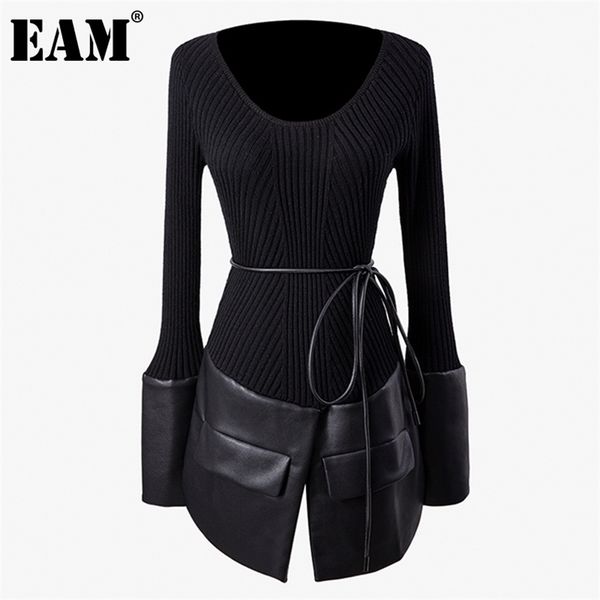 

[eam] spliced pu leather knitting sweater loose round neck long sleeve women pullovers fashion autumn winter 1dd2424 211011, White;black