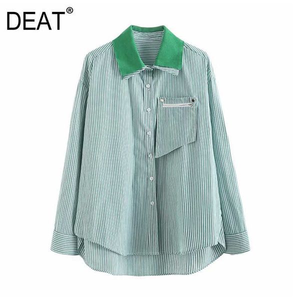 

[deat] spring fashion single-breasted stripe long sleeve turn-down collar loose temperament women shirt 13c938 210527, White