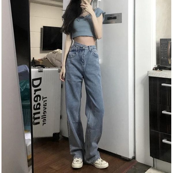 

women's jeans spring autumn buttons woman high waist loose thin straight wide legs simple casual sweet cool trend mopping pants, Blue