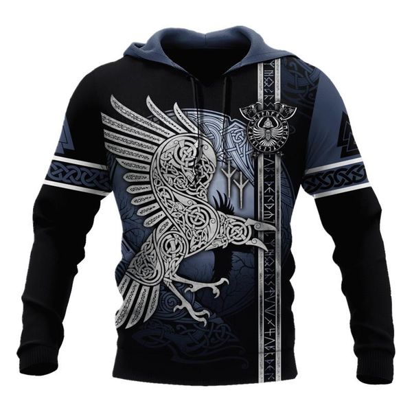 

men's hoodies & sweatshirts odin tattooed viking crow 3d printed autumn hoodie/sweatshirt casual pullover zipper hoodie fashion, Black