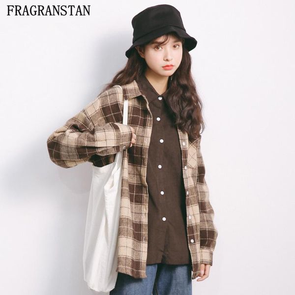

women's blouses & shirts 2021 women spring autumn casual loose plaid shirt student long sleeve literary vintage blouse female t, White