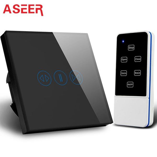 

smart home control aseer,eu standard wireless curtain switches 600w,black crystal tempered touch glass panel,rf433mhz,ac110-240v led indicat