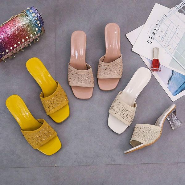 

2021 women slides 7cm high heels weave mules summer female breathable sandals lady mesh clear block low heels slippers shoes, Black