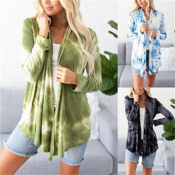 

women's t-shirt tie dyeing long sleeve solid color open front cardigan, White
