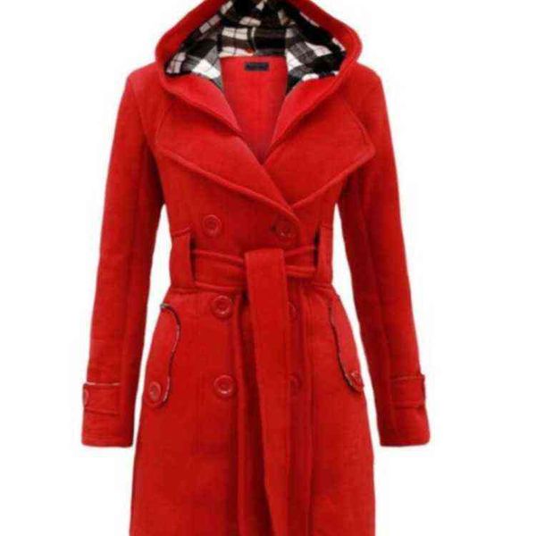

plaid hooded coat belt double row buckle long women, Black