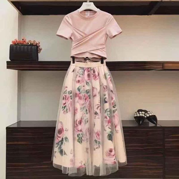 

two piece dress women flower pring mesh skirt and cotton irregular t-shirt casual 2 set bowknot pink crop floral mid-clf sets, White
