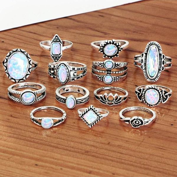 

cluster rings 8/10/13pcs/set fire opal set natural stone crown wedding engagement jewelry moonstone gift for her, Golden;silver