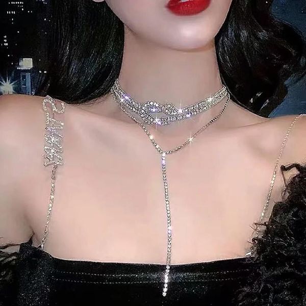 

chokers sweet sparkly rhinestone knotted choker necklace for women lady silver color bling multi layers long tassel necklaces, Golden;silver