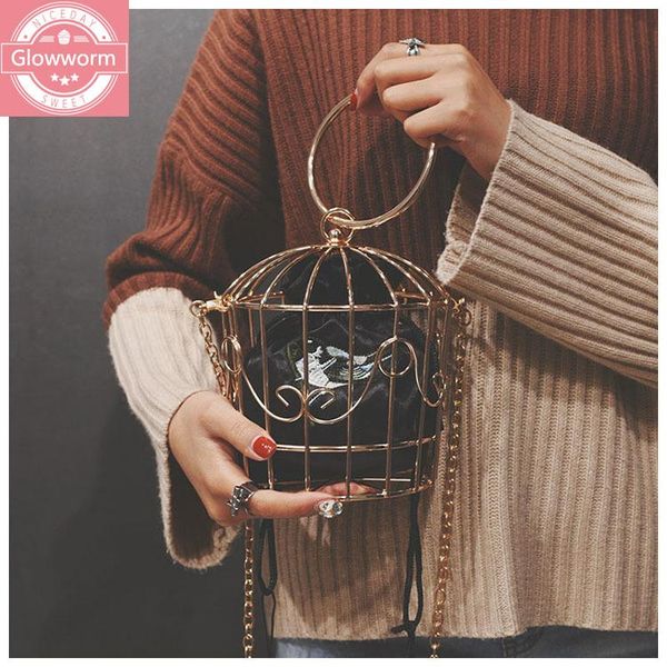 

evening bags glowworm design women's birdcage bag clutch metal frame embroidery bucket mini purse women gold tassel handbag