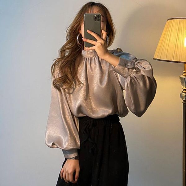 

women's blouses & shirts korean chic women shirt stand collar ruched lantern sleeve oversize loose pullover temperament lady blouse 202, White