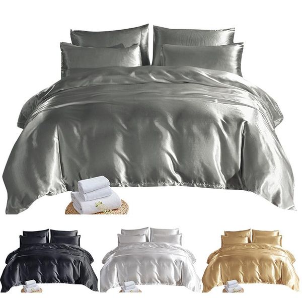 

luxury satin silk bedding set home solid color  king size bed linens pillow case duvet cover for single double bedclothes