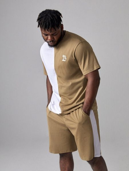 

extended sizes men colorblock letter graphic tee & shorts set h7yg#, Gray