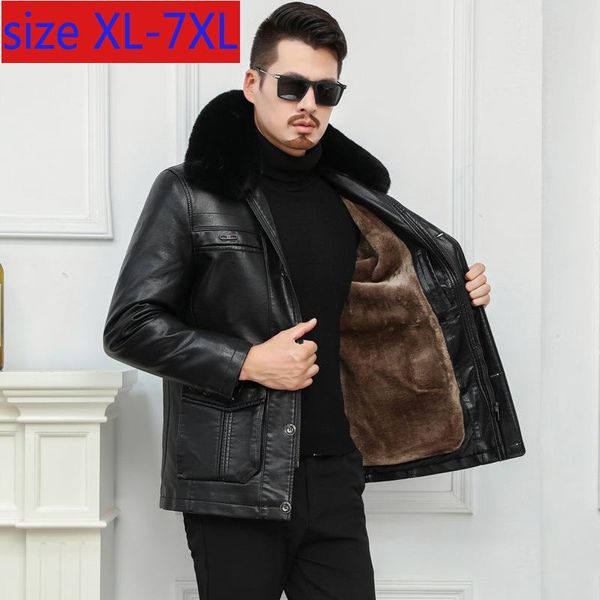 

men's fur & faux fashion warm leather jacket thickened coat casual thick detachable collar. internal super large plus size -7xl, Black