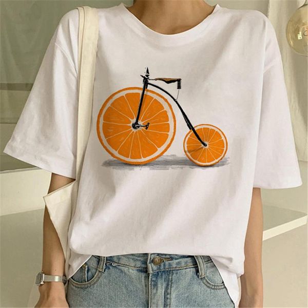 

women's t-shirt summer vogue cute cartoon orange fruits bike graphic printed tee women female girls, White