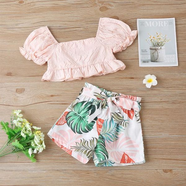 

clothing sets toddler baby girls summer floral outwear tracksuits puff sleeves crop + leaf print shorts suit 2pcs infant kids clothes, White