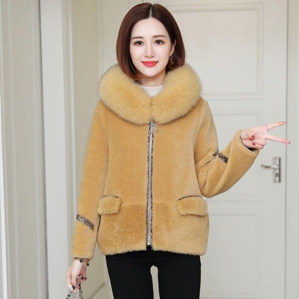

women's fur & faux 2021 women winter imitation collar hooded coats female lamb jackets ladies warm sheep sheared outwear p642, Black