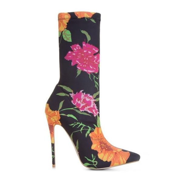

boots heel stretch women's short season pointed thin high flower, Black