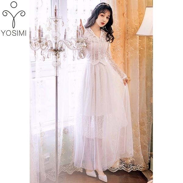 

yosimi white lace long women dress 2 piece set outfits summer v-neck full sleeve shirt and skirt mesh 2 210604