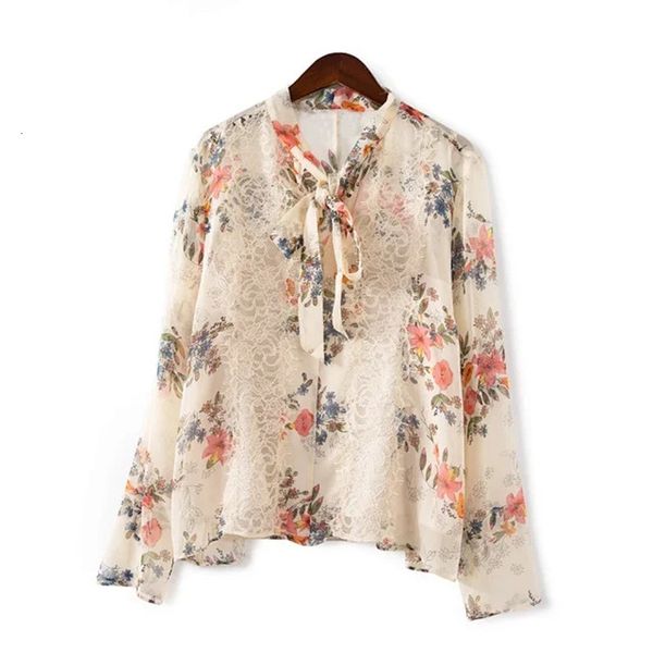 

2021 new camisa costura de renda lao boe tie longa impresso floral manga comprida incio do outono blusa feminina 970t, Black