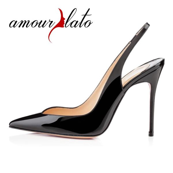 

amourplato ladies fashion 10cm stiletto slingback high heel pumps handmade cut out pointed toe party dress shoes plus size, Black