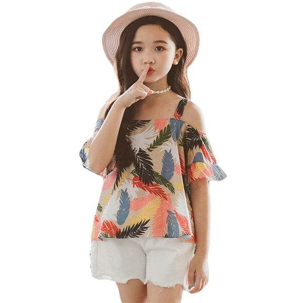 

girls clothes set fashion print off shoulder shirt+shorts 2 pcs summer kids teen clothing for 4 6 8 12 years 210528, White