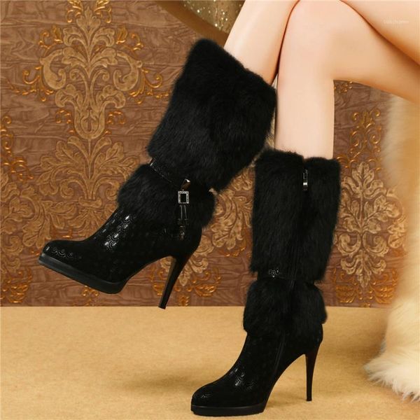 

boots women genuine leather slim high heel mid calf fur platform long pumps shoes round toe winter snow, Black