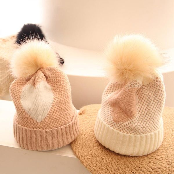 

caps & hats autumn winter baby hat big pompom kids girl boy beanie cap heart crochet warm children toddler bonnet accessories, Yellow