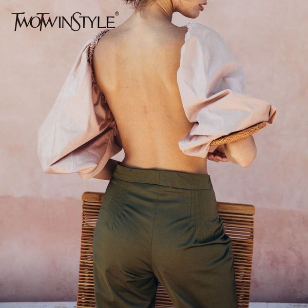 

twotwinstyle backless short shirt female slash neck lantern sleeve large size crop blouse summer fashion clothing 210225, White