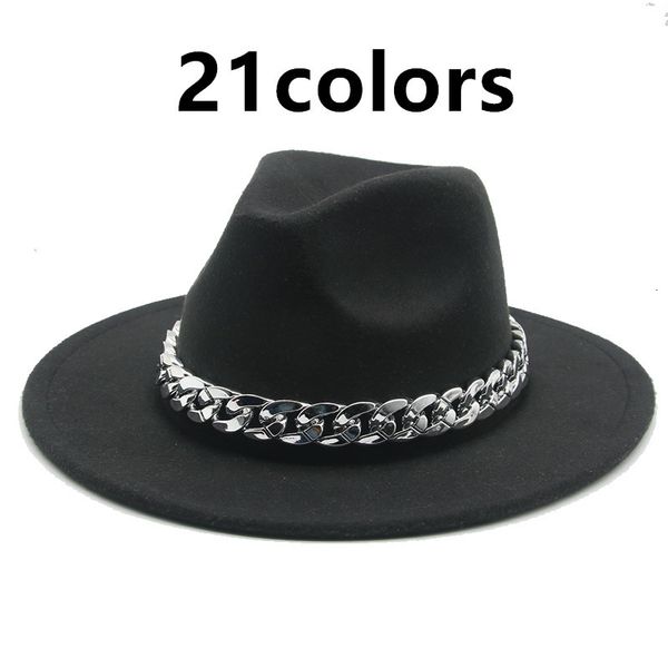 

2021 new winter thick sier chain band belt felted men handmade luxury wide birm solid formal fedora women hats g2od, Blue;gray