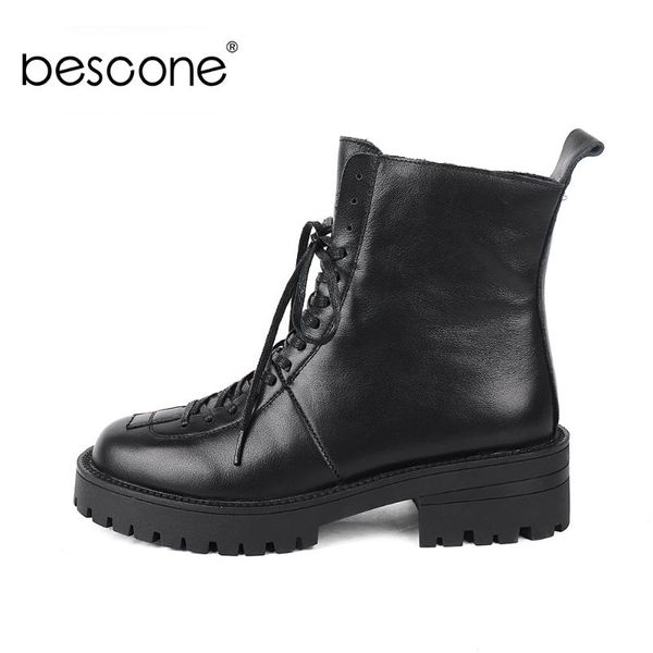 

boots bescone women ankle platform lace up handmade short non-slip thick bottom warm winter shoes bc844, Black