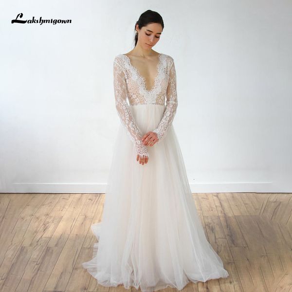 

2021 new deep v long sleeve robe mariee backless boho a line wedding gown for women vestido de novia fucd, White