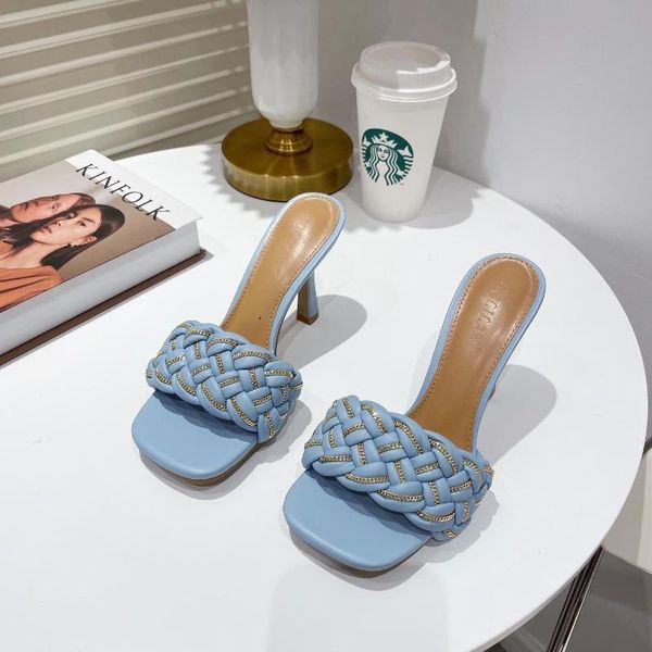 

slippers 2021 design weave slipper fashion brand med heel sandals square toe slip on summer outdoor slide flip flop women shoes mujer, Black