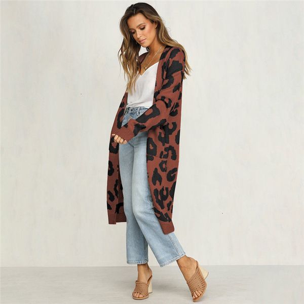 

fashion elegant women print long sleeve sweaters spring cardigan coat casual female slim knit outerwear sweater long top, Black;brown