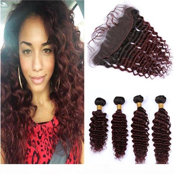 

wine red ombre deep wave malaysian human hair weave bundles 4pcs with frontal burgundy ombre deep wavy 13x4 lace frontal closure with weaves, Black;brown
