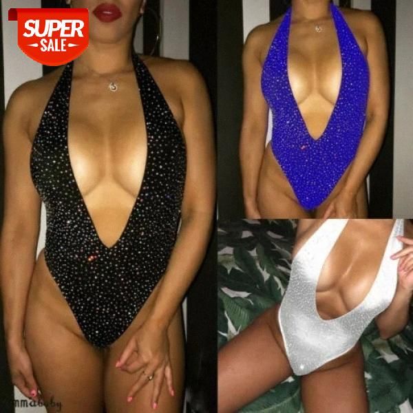 

uk solid women sequin shiny bra bandage diamond halter deep v neck bathing suit #ca9z, White