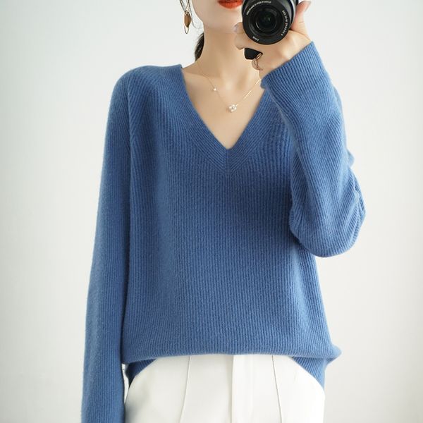 

high-end autumn winter 100% cashmere sweater v- neck women's female loose large size knitted girl clothes standard outwear 210218, White;black