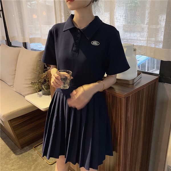 

style of fashion version was thin collar polo embroidered skirt plissate summer 2021 new dress nb9g, Black;gray