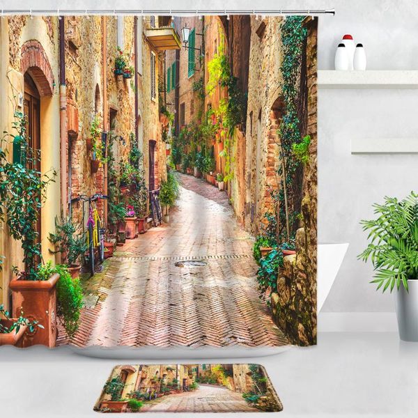 

shower curtains retro rural town street scenery curtain set flowers wall garden decor kitchen door rug bathroom carpet non-slip bath mats